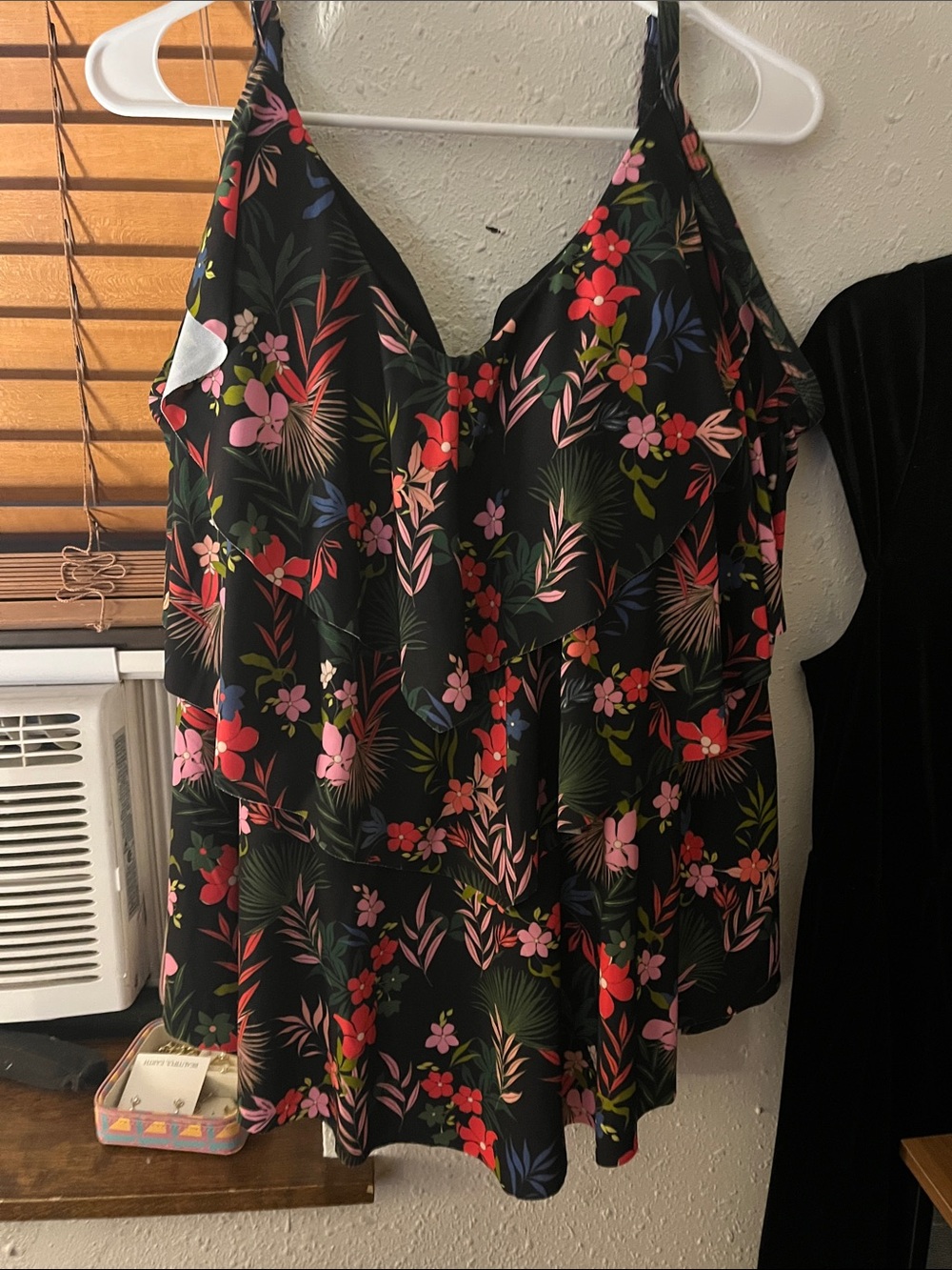 Black Floral Ruffle Swim Camisole with Adjustable Straps with black bottoms